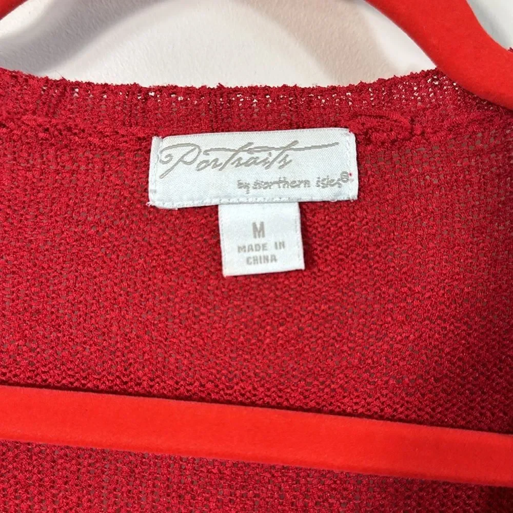 Portraits Northern Isles Red White Flower Knit Cardigan 3/4 Sleeve Women Medium